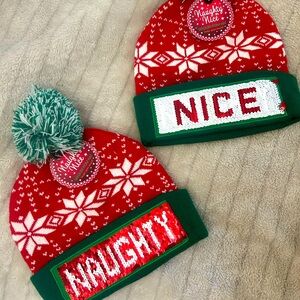 Naughty and Nice beanies with Pom poms NWT